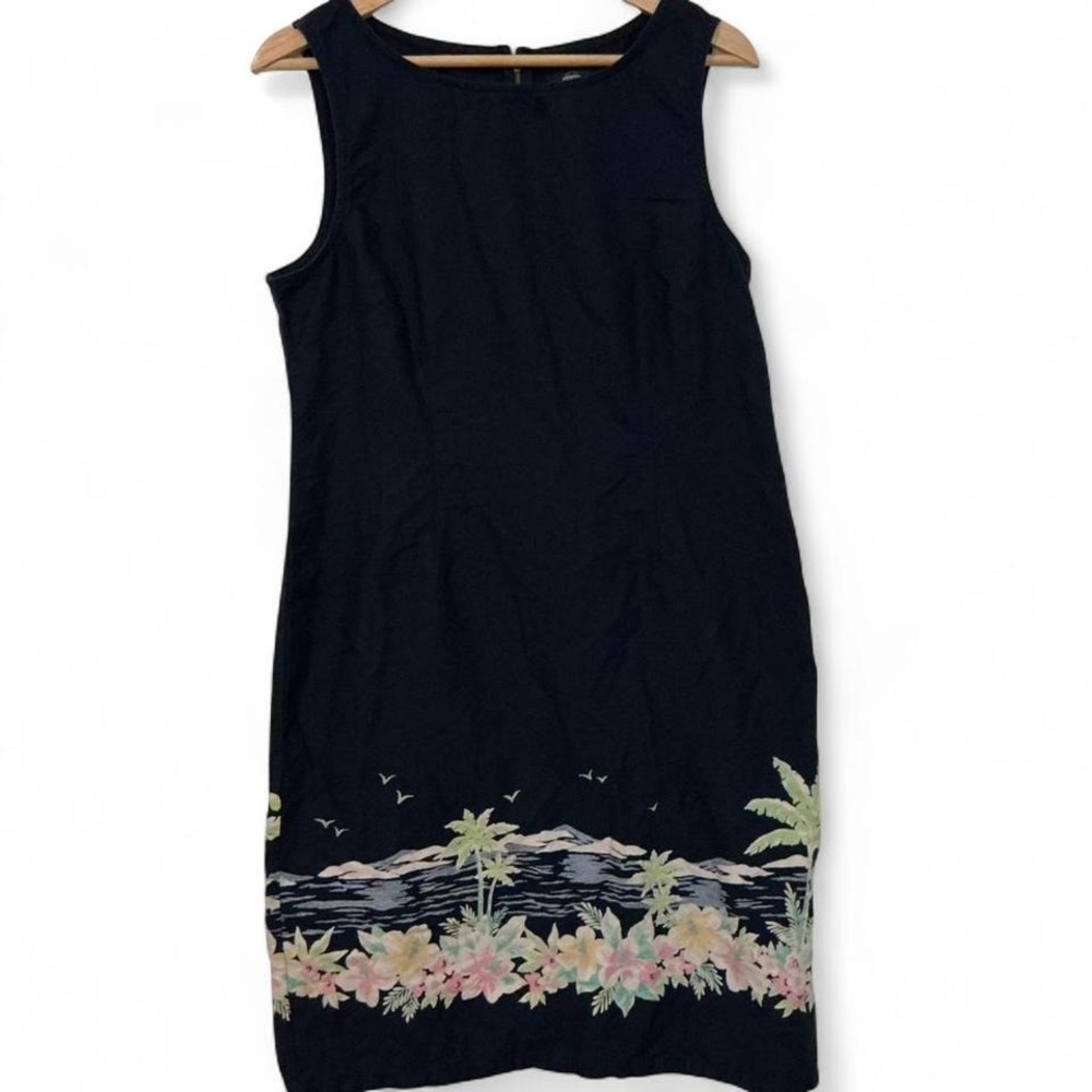 Crazy Horse Shift Dress Women 12‎ Navy Blue Tropical Floral Border Print